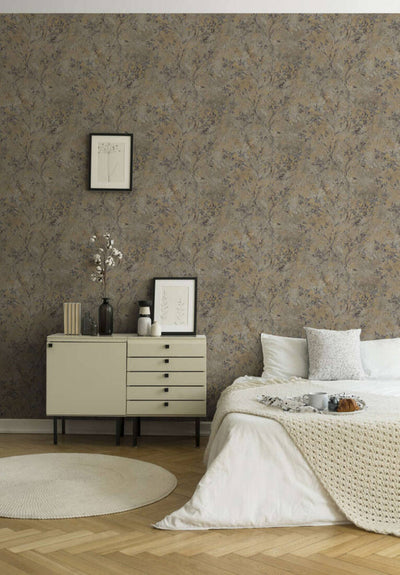 product image for Floral Watercolor Faux-Fabric Wallpaper in Brown/Grey/Gold 53
