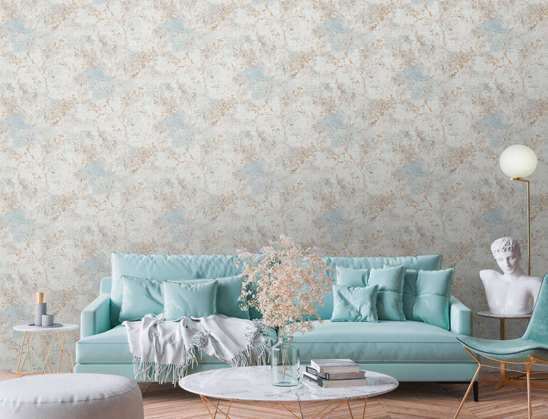media image for Floral Watercolor Faux-Fabric Wallpaper in Blue/Beige/Gold 273