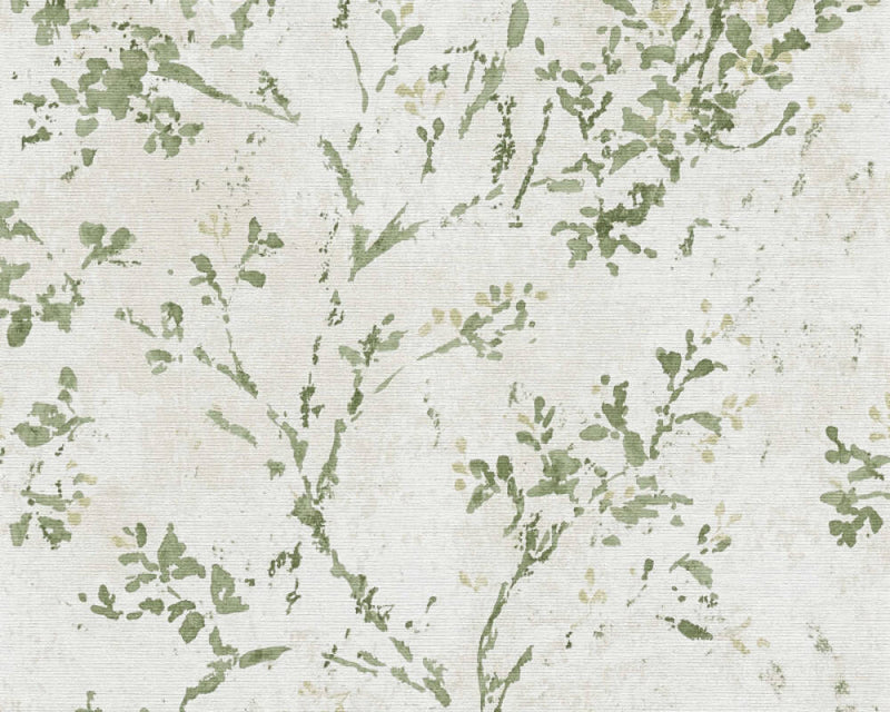 media image for Floral Watercolor Faux-Fabric Wallpaper in Beige/Green/Gold 298