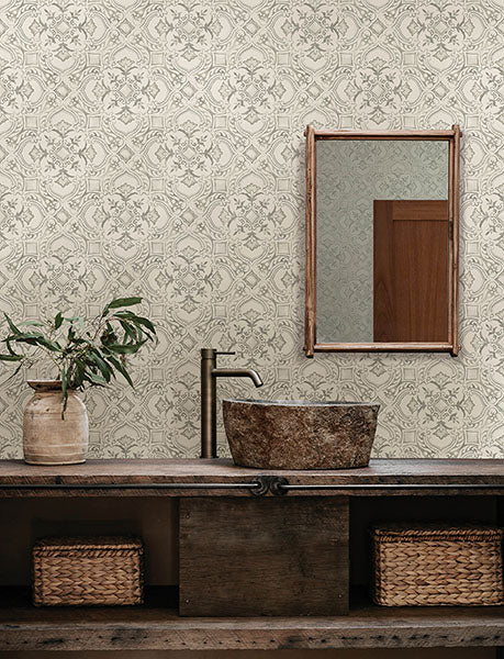 media image for Marjoram Light Grey Floral Tile Wallpaper 234