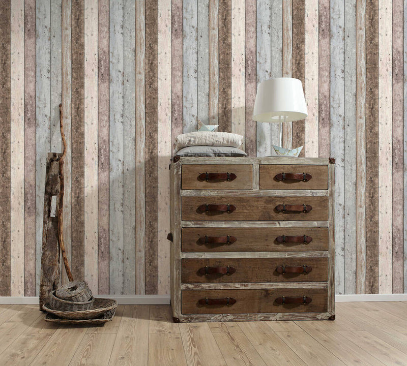 media image for Cottage Wood Planks Wallpaper in Beige/Blue/Brown 268