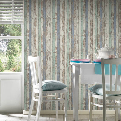 product image for Cottage Wood Wallpaper in Blue/Brown/White 52