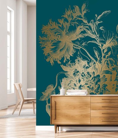 product image for Gold Metallic Wall Mural in Engraved Flowers Petrol 22