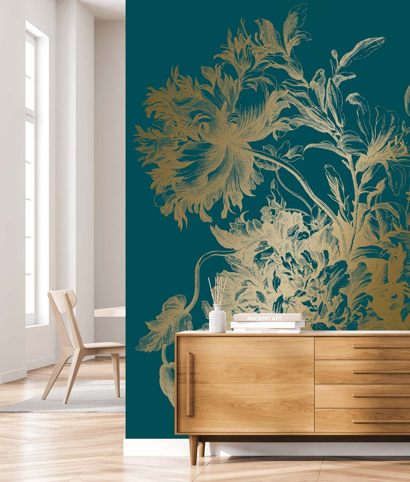 media image for Gold Metallic Wall Mural in Engraved Flowers Petrol 291