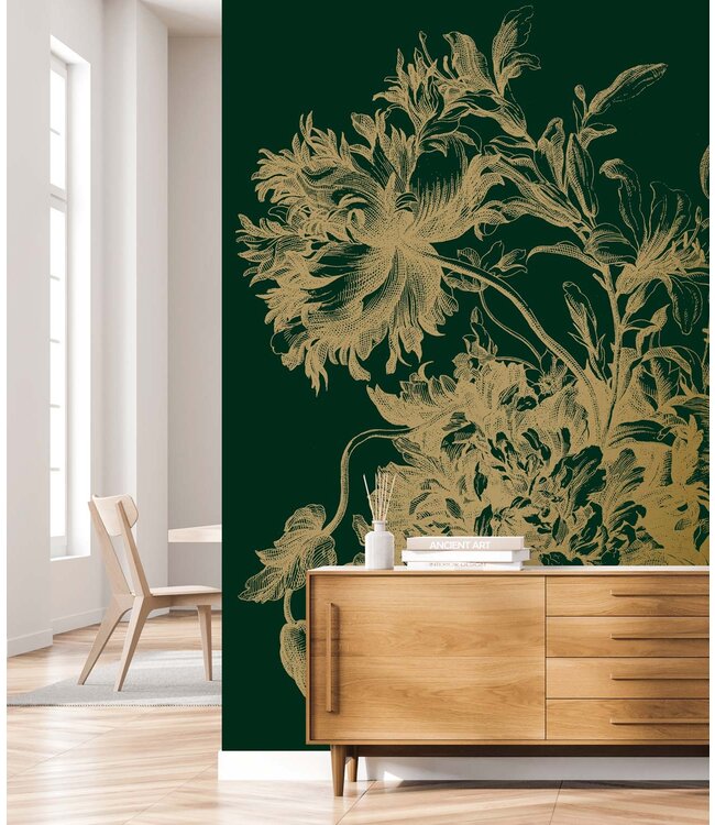 media image for Gold Metallic Wall Mural in Engraved Flowers Green 277