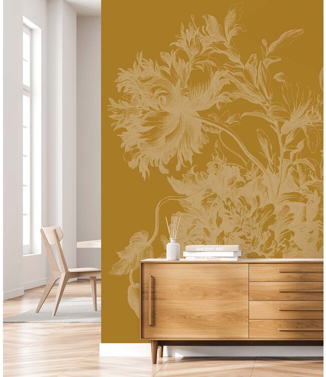 media image for Gold Metallic Wall Mural in Engraved Flowers Yellow 282