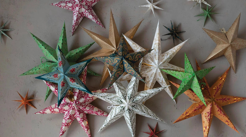 media image for Folding 5-Point Paper Star Ornament with LED Light - Set of 5 275