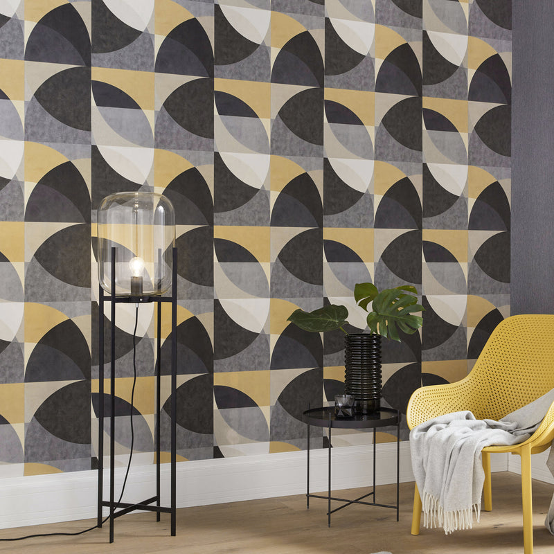 media image for Geometric Circle Graphic Wallpaper in Gold/Grey/Cream from the ELLE Decoration Collection by Galerie Wallcoverings 266