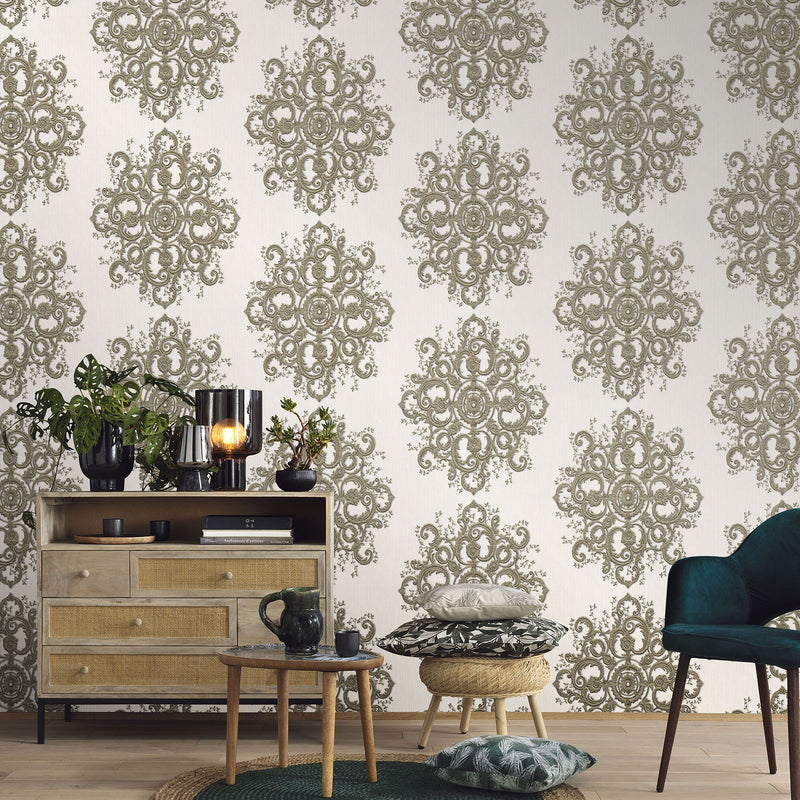 media image for Baroque Damask Wallpaper in Gold/Cream from the ELLE Decoration Collection by Galerie Wallcoverings 232