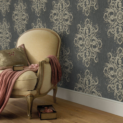 product image for Baroque Damask Wallpaper in Dark Grey/Gold from the ELLE Decoration Collection by Galerie Wallcoverings 46