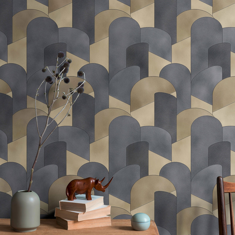 media image for 3D Geometric Graphic Wallpaper in Gold/Black from the ELLE Decoration Collection by Galerie Wallcoverings 238