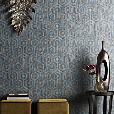 product image for Geometric Contemporary Wallpaper in Blue Dusk/Steel Wool 14