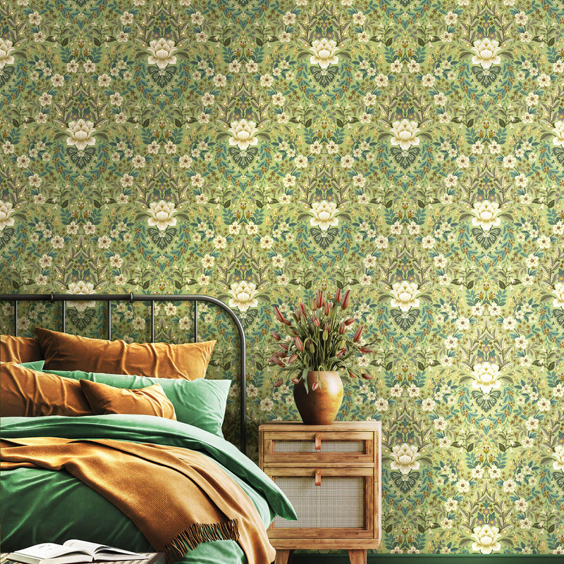 media image for Floral Damask Green Wallpaper from the Into the Wild Collection by Galerie Wallcoverings 276