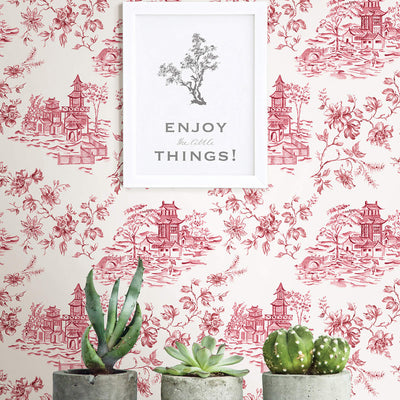 product image for Toile Asian-Inspired Wallpaper in Red/White 59