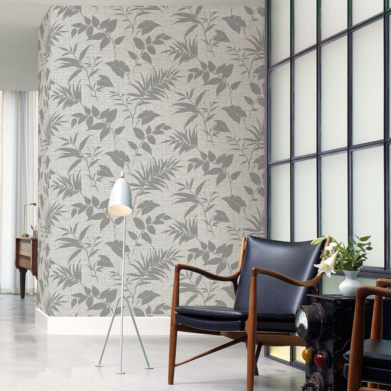 media image for Chandler Light Grey Botanical Faux Grasscloth Wallpaper from the Main Street Collection by Brewster 299