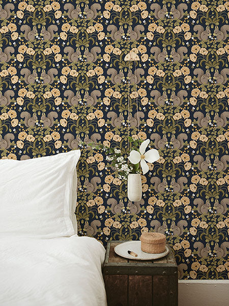 media image for Kurre Dark Blue Woodland Damask Wallpaper 257