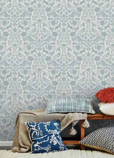 product image for Forest Dance Aqua Damask Wallpaper from the Thoreau Collection by Brewster 44