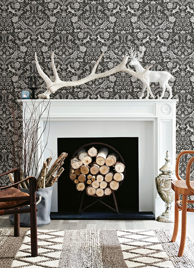 media image for Forest Dance Charcoal Damask Wallpaper from the Thoreau Collection by Brewster 233