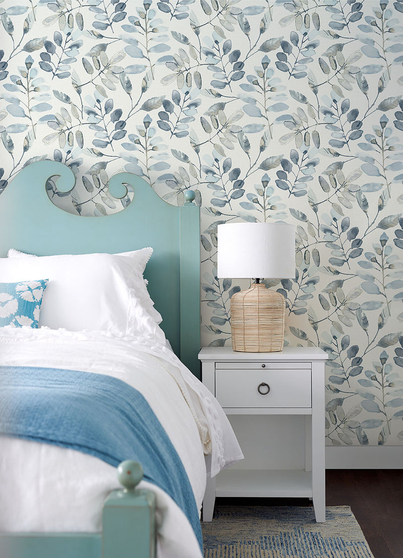 media image for Pinnate Blue Leaves Wallpaper from the Thoreau Collection by Brewster 285