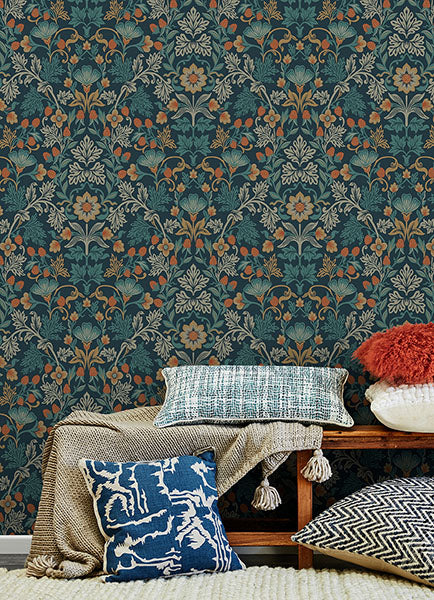 media image for Lila Blue Strawberry Floral Wallpaper from the Posy Collection by Brewster 248