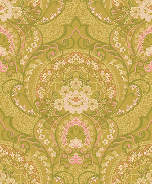 media image for Nasrin Chartreuse Damask Wallpaper from the Posy Collection by Brewster 279