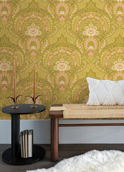 product image for Nasrin Chartreuse Damask Wallpaper from the Posy Collection by Brewster 86