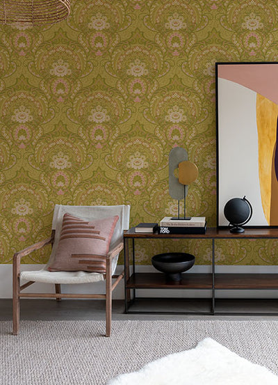 product image for Nasrin Chartreuse Damask Wallpaper from the Posy Collection by Brewster 2