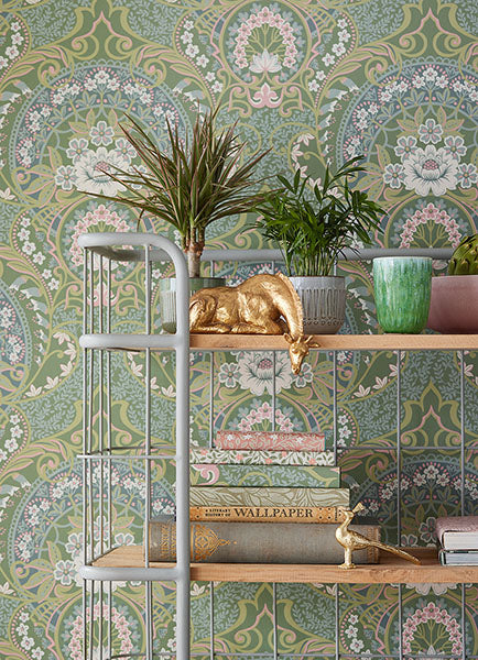 media image for Nasrin Sea Green Damask Wallpaper from the Posy Collection by Brewster 213