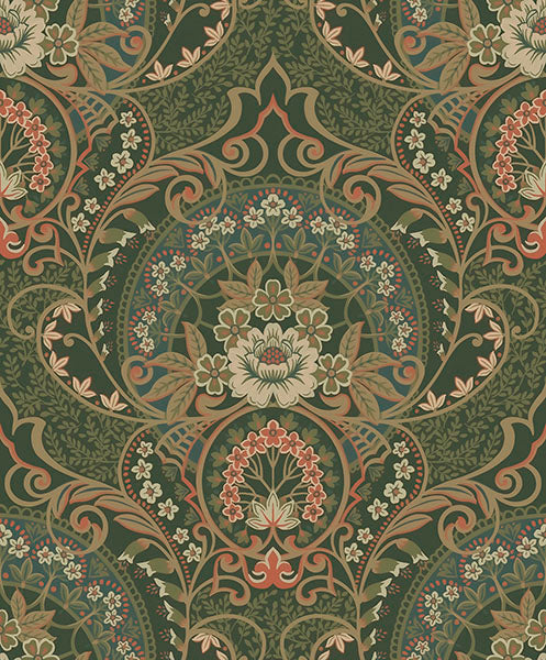 media image for Nasrin Dark Green Damask Wallpaper from the Posy Collection by Brewster 237