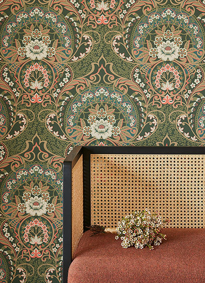 product image for Nasrin Dark Green Damask Wallpaper from the Posy Collection by Brewster 35