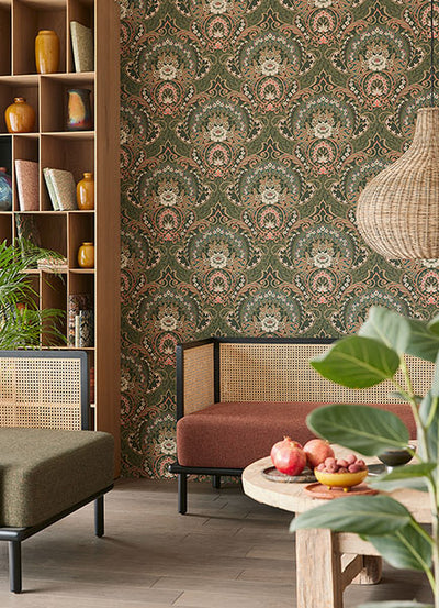 product image for Nasrin Dark Green Damask Wallpaper from the Posy Collection by Brewster 1