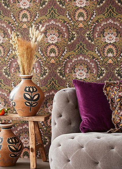 product image for Nasrin Purple Damask Wallpaper from the Posy Collection by Brewster 10