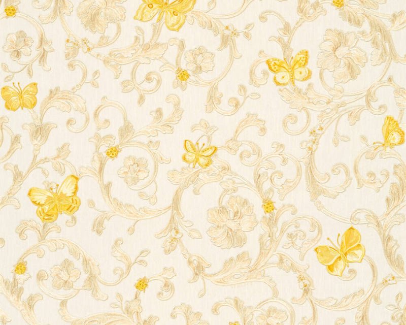 media image for Classic Scrollwork Damask Butterflies Textured Wallpaper in Cream/Gold 277