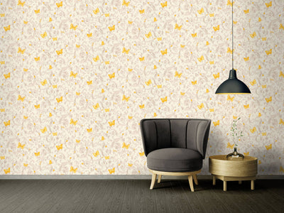 product image for Classic Scrollwork Damask Butterflies Textured Wallpaper in Cream/Yellow 39