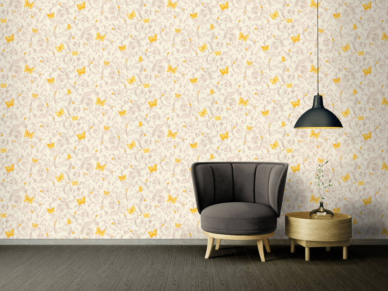 media image for Classic Scrollwork Damask Butterflies Textured Wallpaper in Cream/Yellow 21