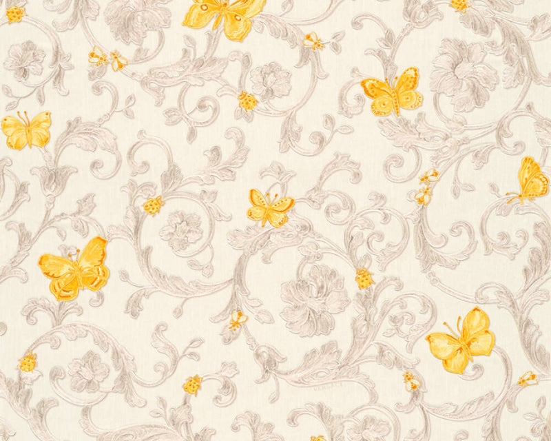 media image for Classic Scrollwork Damask Butterflies Textured Wallpaper in Cream/Yellow 235