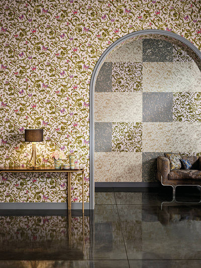 product image for Classic Scrollwork Damask Butterflies Textured Wallpaper in Pink/Gold 61