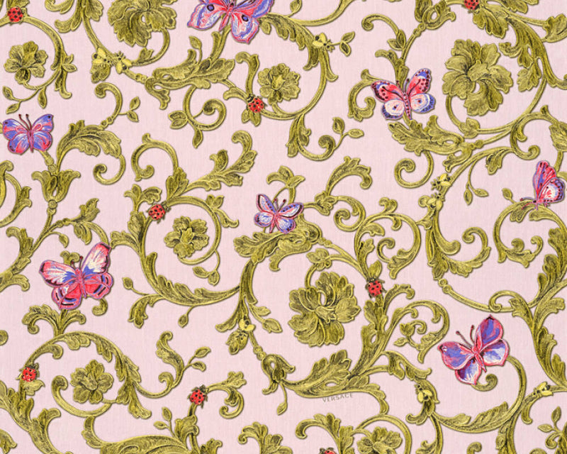 media image for Classic Scrollwork Damask Butterflies Textured Wallpaper in Pink/Gold 211