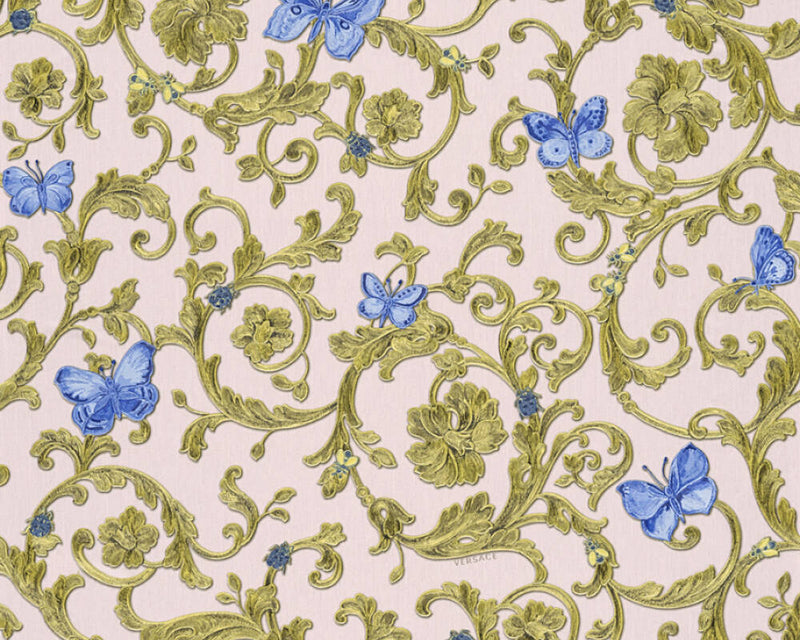 media image for Classic Scrollwork Damask Butterflies Textured Wallpaper in Blue/Pink 284