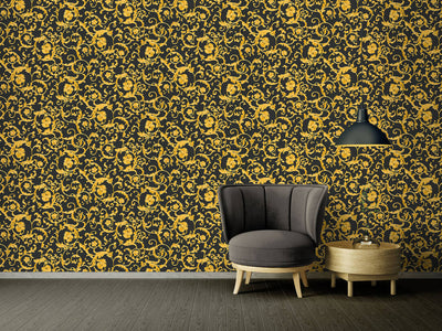 product image for Damask Scrollwork Floral Textured Wallpaper in Black/Gold 48