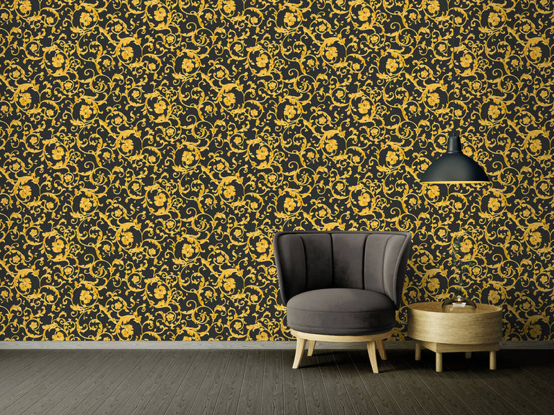 media image for Damask Scrollwork Floral Textured Wallpaper in Black/Gold 219