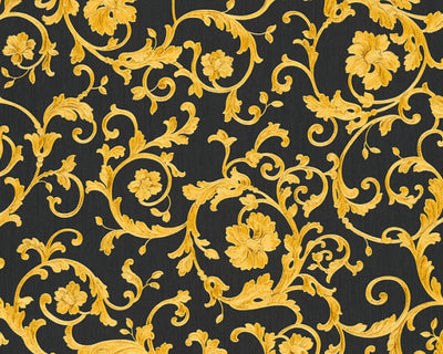 product image for Damask Scrollwork Floral Textured Wallpaper in Black/Gold 43