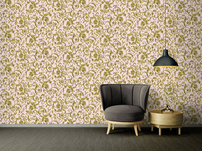 product image for Damask Scrollwork Floral Textured Wallpaper in Pink/Gold 59