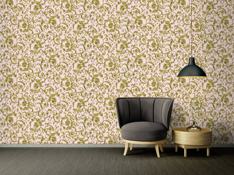 media image for Damask Scrollwork Floral Textured Wallpaper in Pink/Gold 211