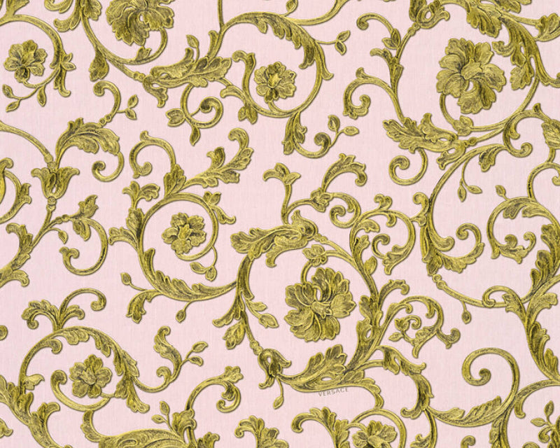 media image for Damask Scrollwork Floral Textured Wallpaper in Pink/Gold 249
