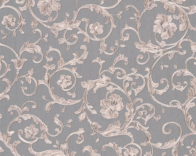 media image for Damask Scrollwork Floral Textured Wallpaper in Grey/Metallic 243