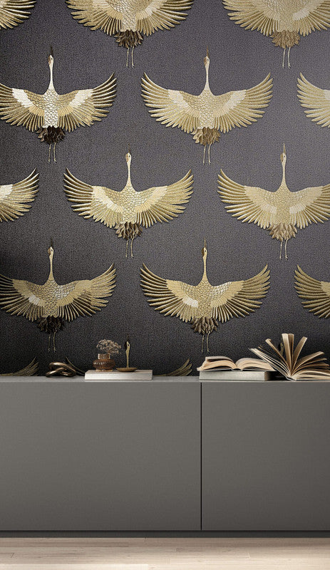 media image for Stork Wallpaper in Black/Gold 230