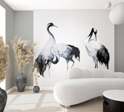 product image for Painted Crane Pair Wall Mural in Black/White 99