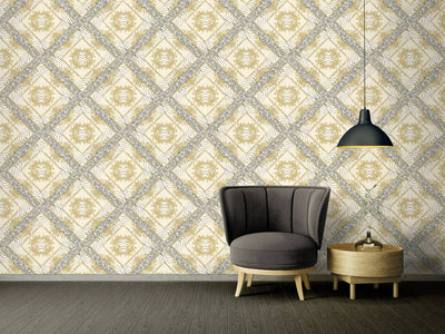 product image for Floral Rhombuses Textured Wallpaper in Cream/Grey/Metallic 44