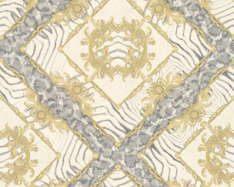 media image for Floral Rhombuses Textured Wallpaper in Cream/Grey/Metallic 294